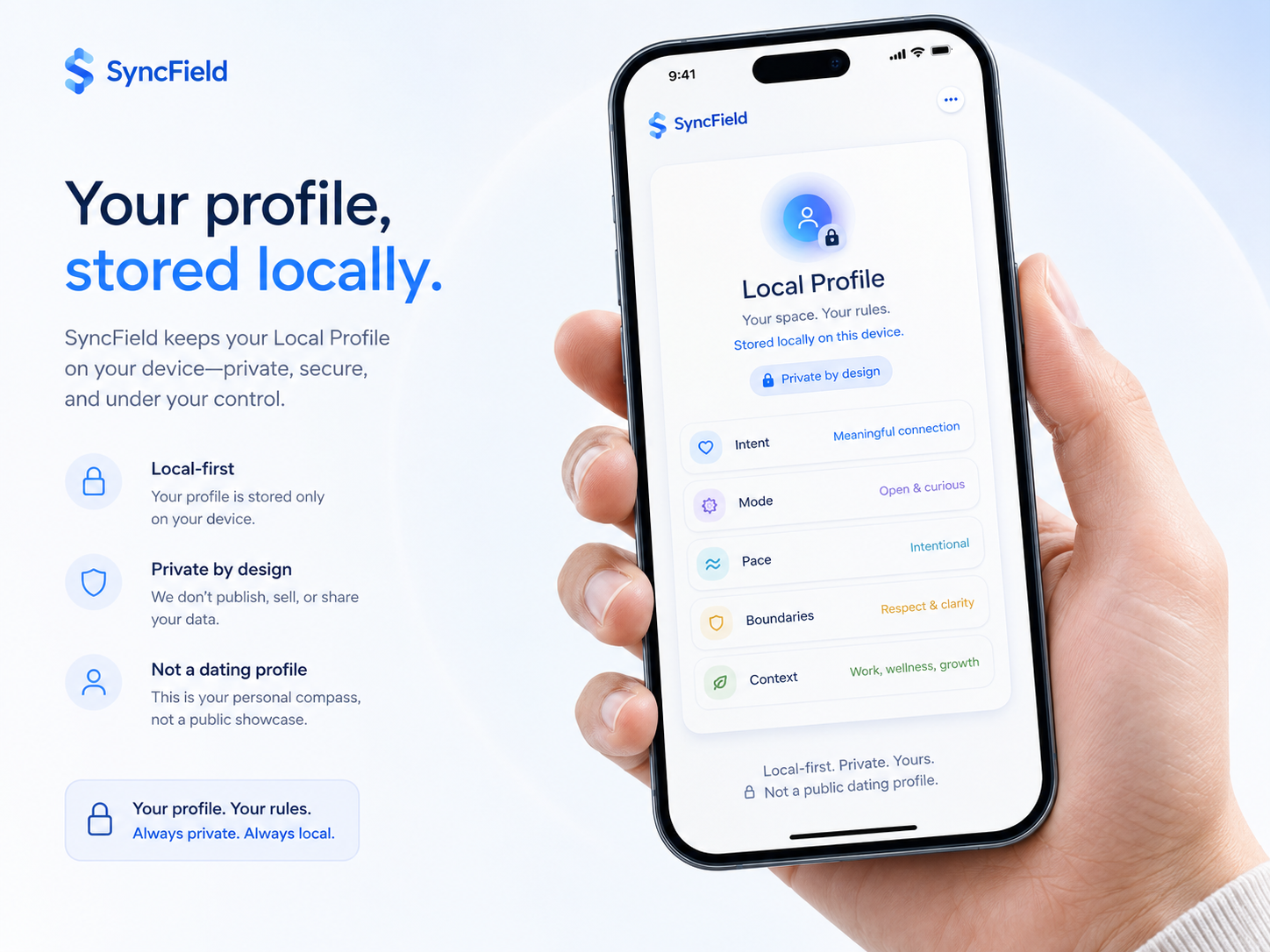 A local profile interface stored privately on a smartphone.